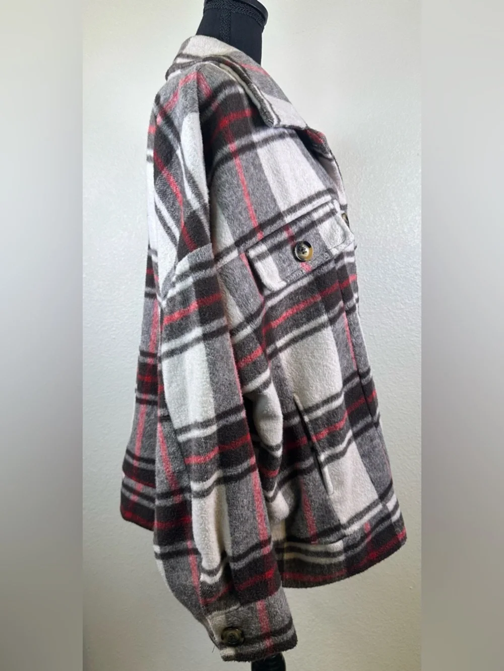 #147 - LuLaRoe Plaid Utility Shacket in Gray, White & Red - Picture 6 of 13